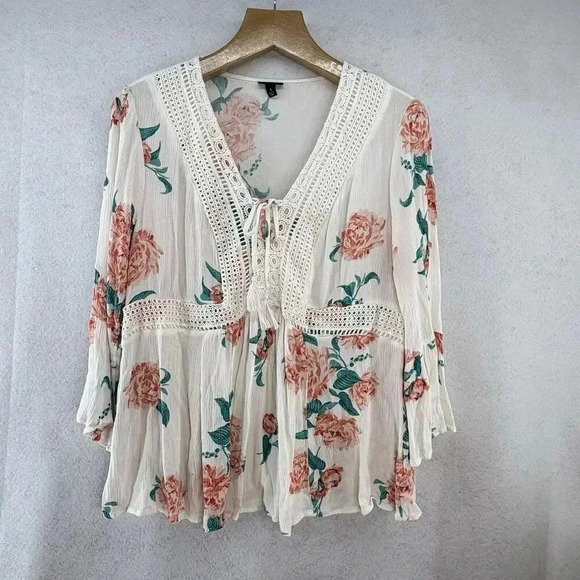 Torrid White Teal Peach Babydoll Gauze Crochet Trim Lace-Up Top Size 1 (14/16) - Picture 3 of 8